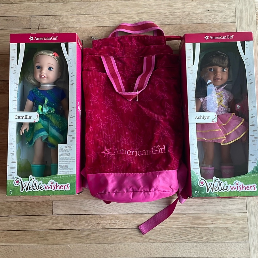 NIB American Girl Wellie Wishers Camille and Ashlyn along with retired backpack!
